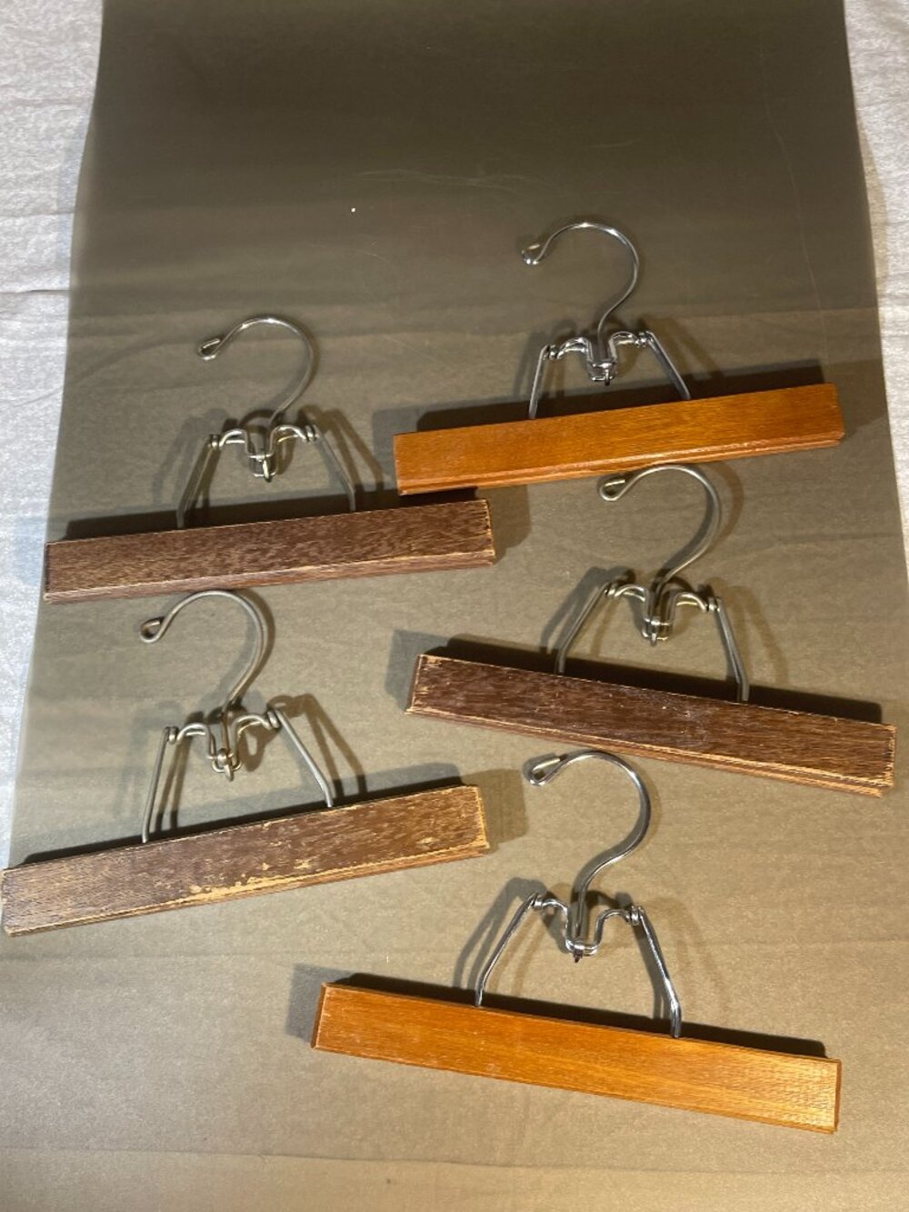 5 Vintage Wooden Pant Hangers Skirt Slacks with Metal Clamps 9” (inv #17-65)